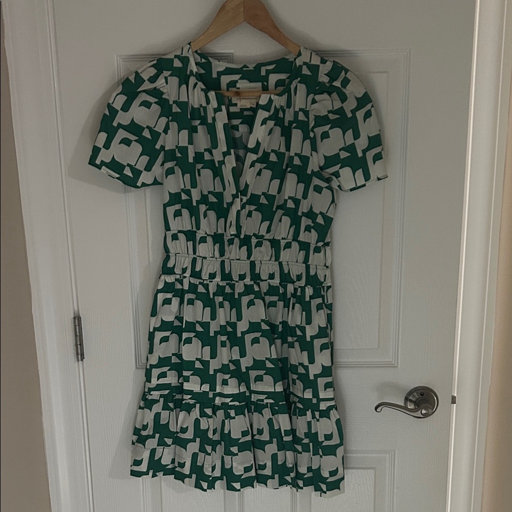 Anthropologie Sommerset Green and White Geometric Mini Dress